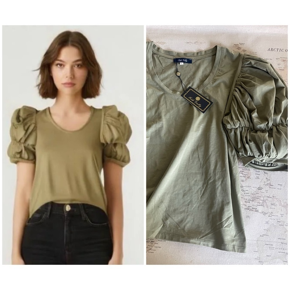🆕Trish Scully Scoop Neck Olive Green Puff Sleeve Top NWT
